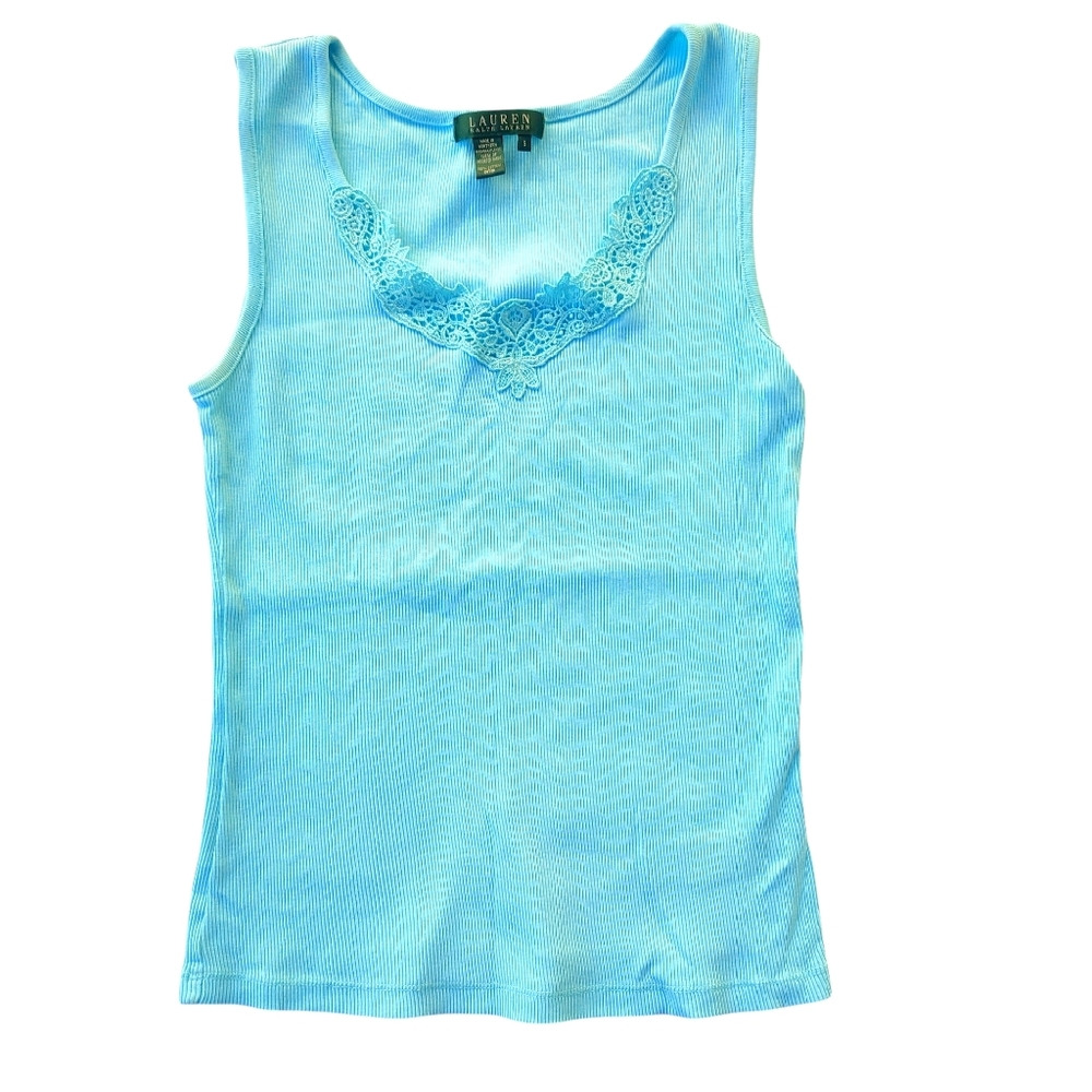 Ralph Lauren Blue Ribbed Lace Trim Tank Top 100% Cotton Size S